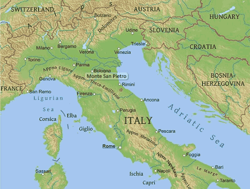 Carta fisica d&#x27;Italia con evidenziata la posizione di Monte San Pietro